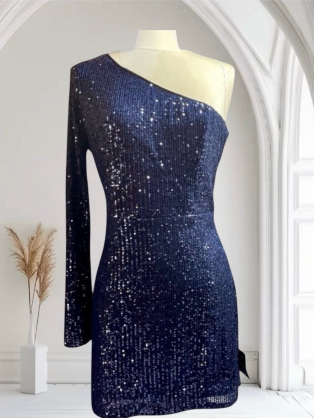 Lulu's Navy One-Shoulder Sequin Mini Dress